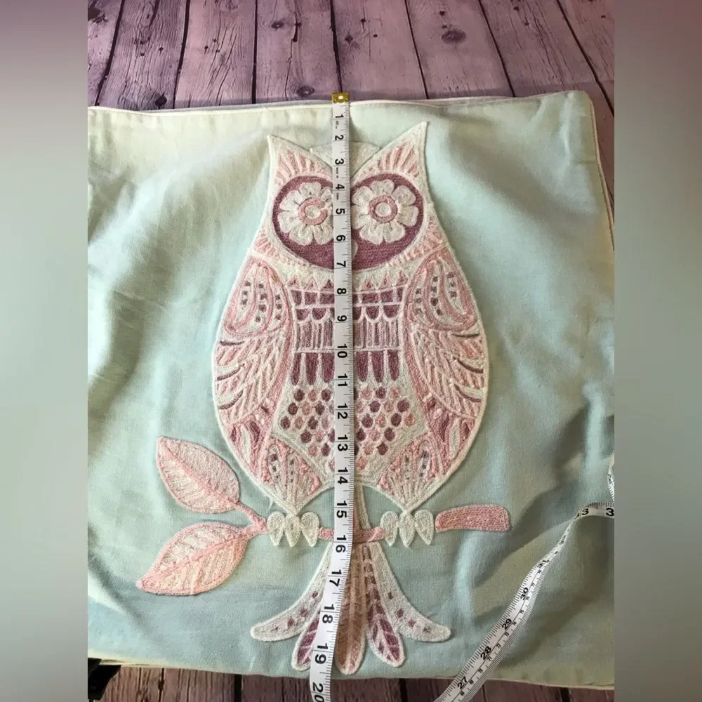 Nicole Miller Boho Mint Green Lilac Decorative Pillow Covers Embroidered Owl (2)